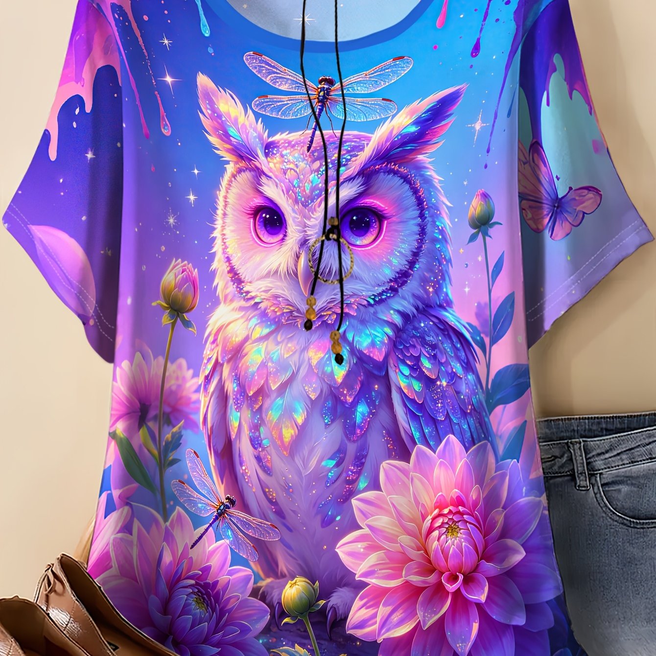 Image of Plus Size - Plus Size - Plus Size Women's T-shirt With Printed Design, Round Neck Short Sleeve Summer Top With And Dragonfly Print, Suitable For Casual Outdoor Wear, Casual And Elegant Summer Top
