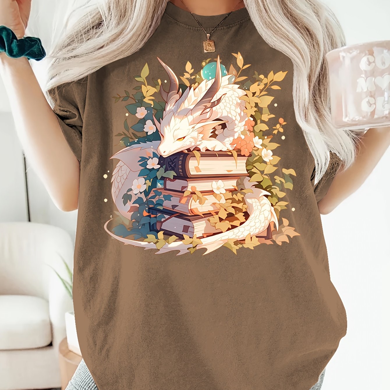 TEMU Women's Summer Clothing: White Dragon Lying On Books With Floral Print Round Neck Short Sleeve T-shirt. Comfortable, Soft, Fashionable, Elegant,