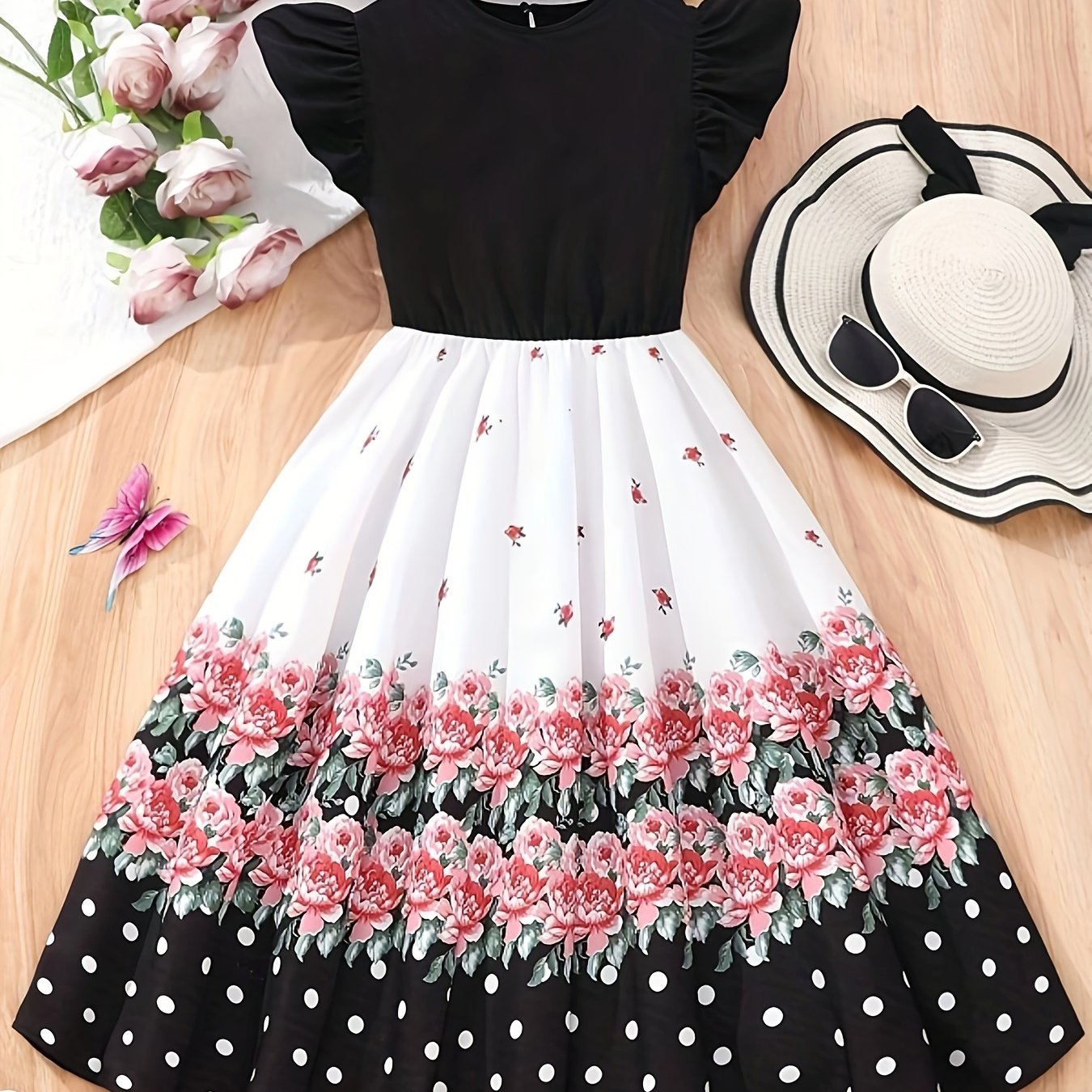 Girls' Floral Print Round Neck Dress, Medium To Large Size, Halloween