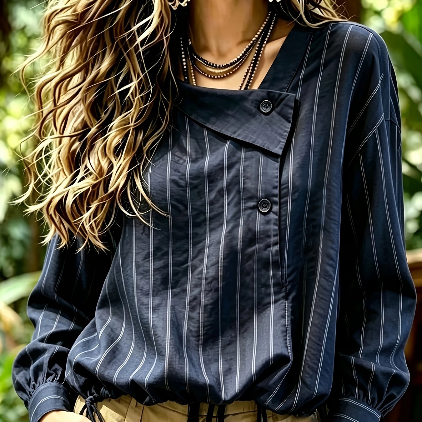 TEMU Design-sense Slanted Striped Long Sleeve Short Style Temperament Shirt Retro Asymmetrical Collar Top Drawstring Hem Super