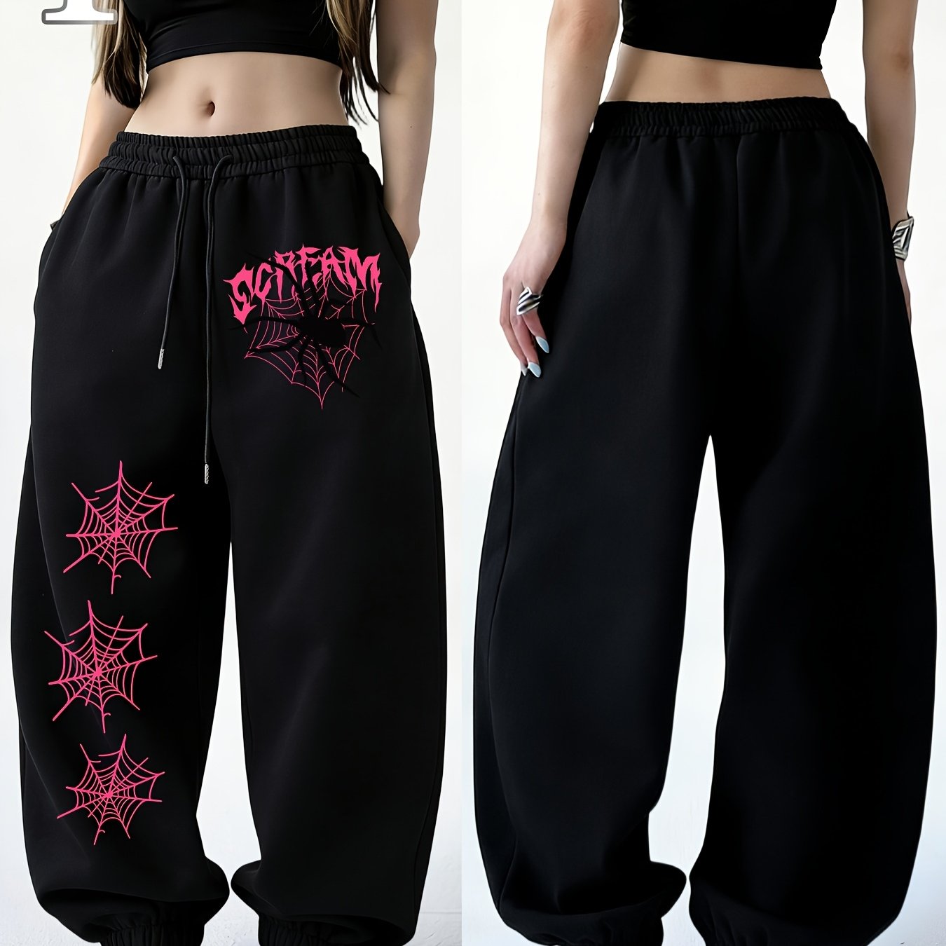 TEMU Y2k Wide-leg Sweatpants With Pink Spider & Heart Print - Loose Fit Tapered Trousers, Sweet Edgy Lettering, Drawstring Ankle Cuff, Machine