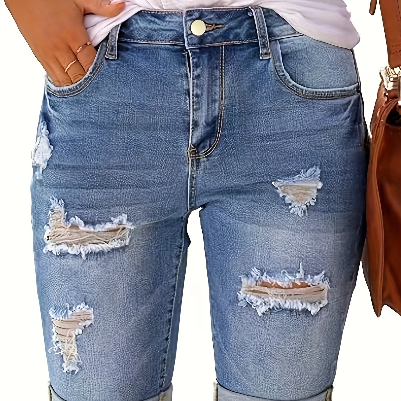 Women's Ripped Hem Light Blue Washed Distressed Mid-length Jeans, Trendy Casual