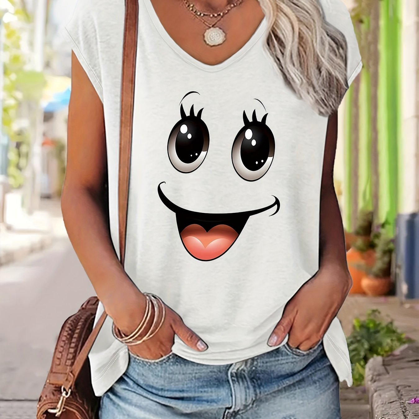 TEMU Plus Size Women' V-neck Short Sleeve T-shirt - Casual Letter Print Top With Stretchy Fabric, Machine Washable & Breathable For Summer & Spring,