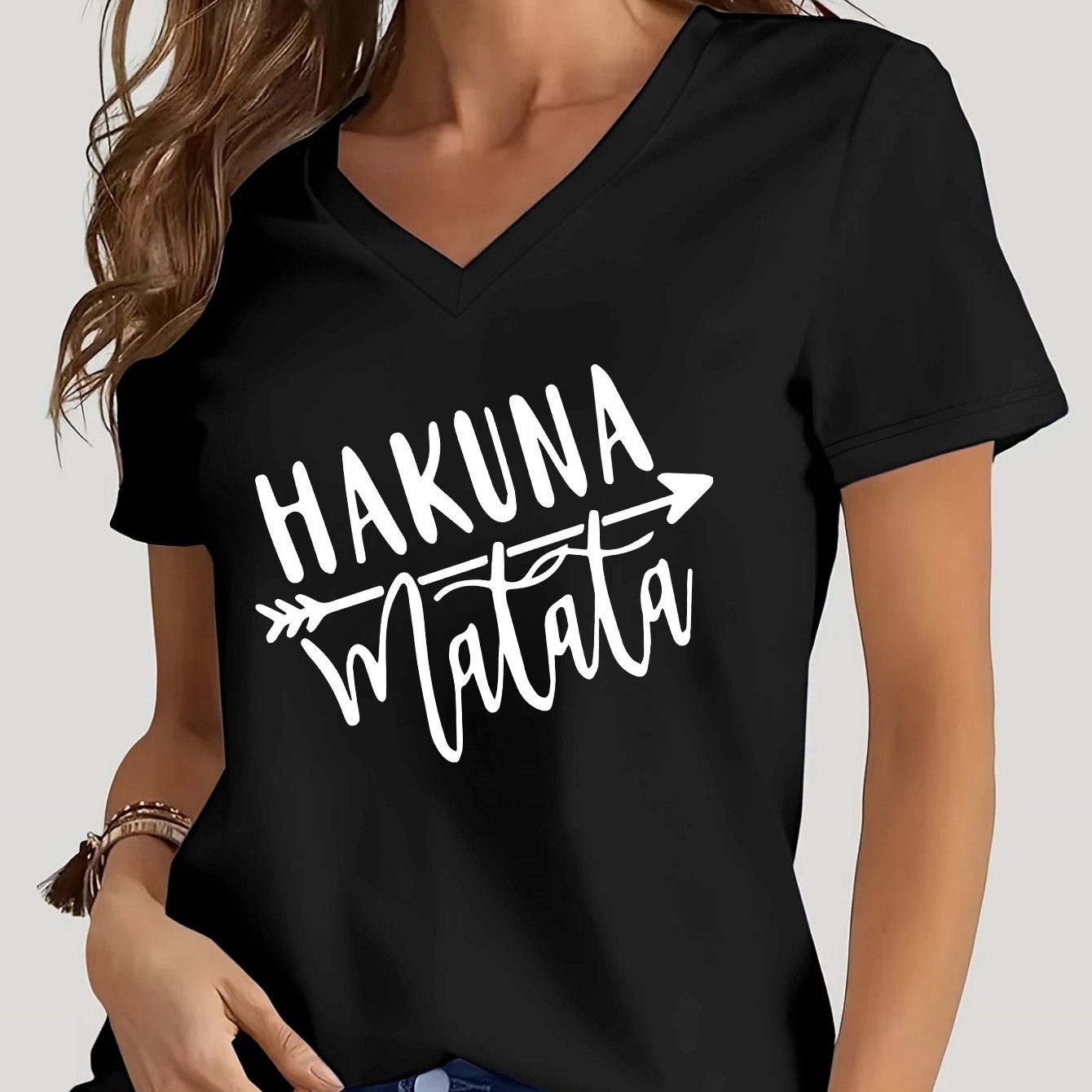 TEMU T-shirt d'été à col en V et manches courtes pour femmes, avec imprimé de lettres, polyvalent et fabriqué dans un tissu et confortable