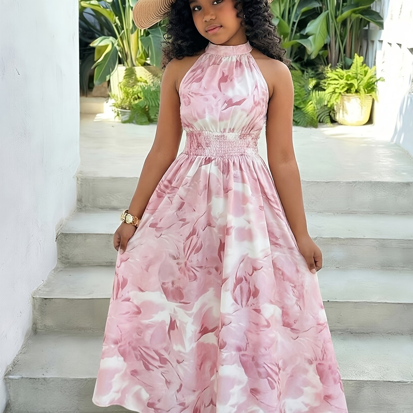 Image of Girls' Fashionable And Elegant Dress, Pink Floral Halter Neck Dress, Shirred Sleeveless Bohemian Beach Maxi Dress For Middle And Older Toddlers, Suitable For Casual Daily Wear,halloween