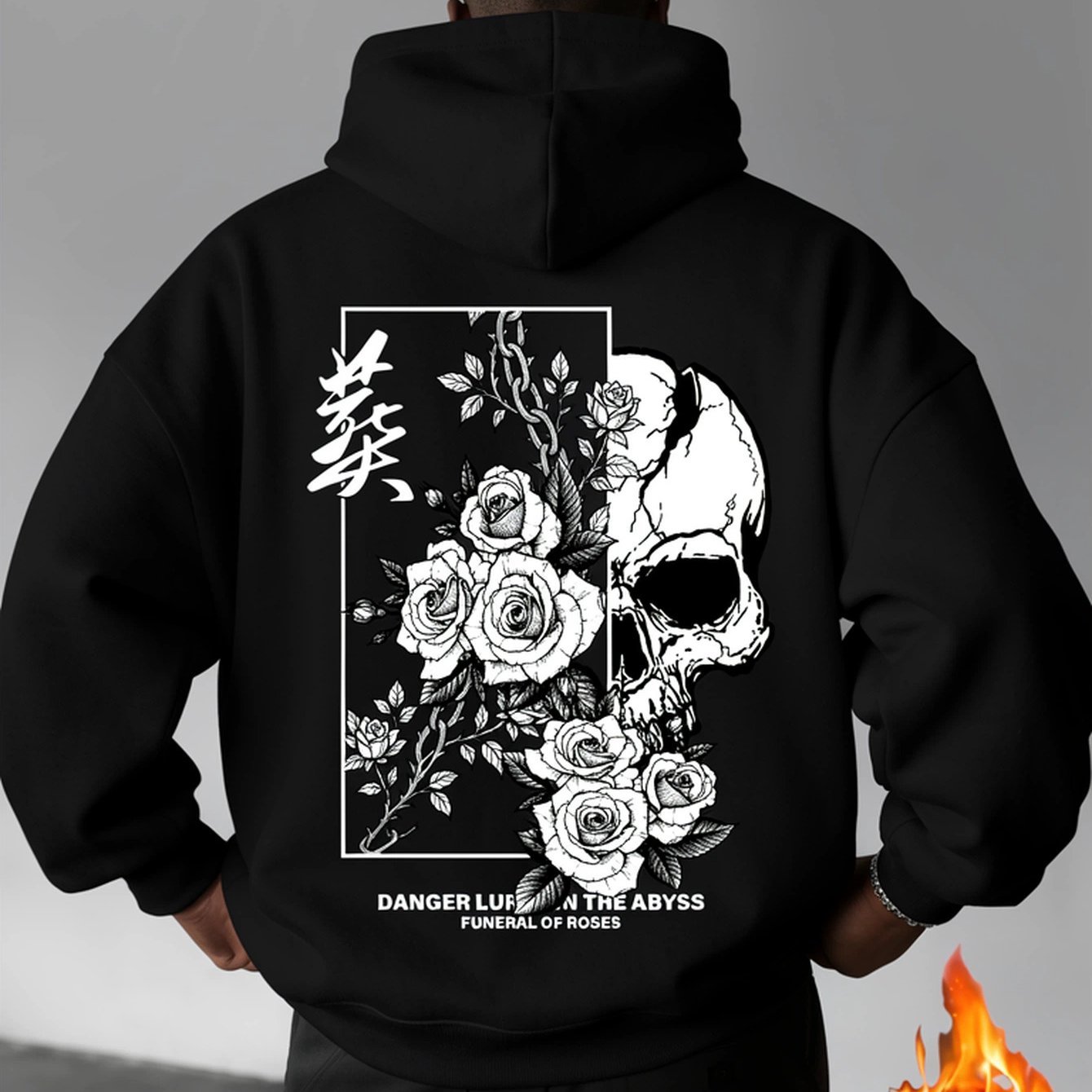 Image of Men's Gothic Skull & Cherry Printed Hoodie, Loose Streetwear Pullover With Drawstring Hood, Black & White Pattern, Autumn Winter Casual Warm Sweatshirt, Suitable For