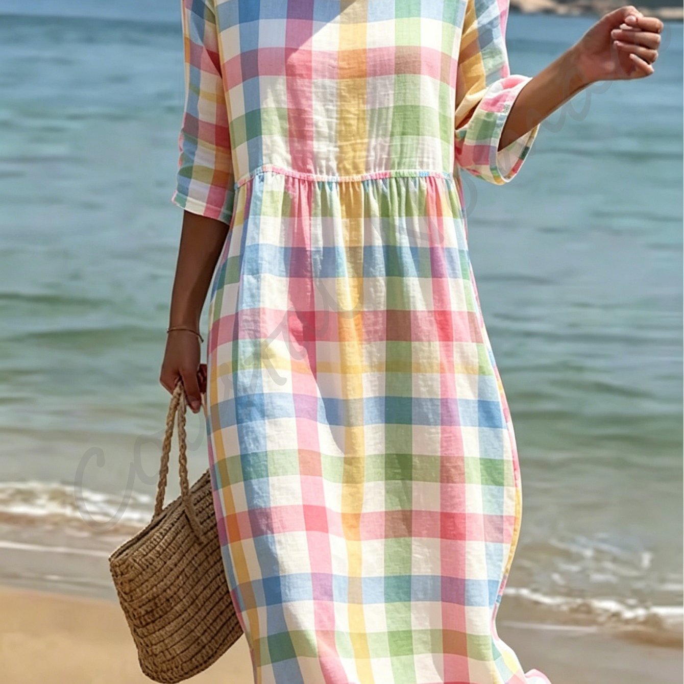 Image of Plus Size - New Arrival Vintage Casual Women Round Neck 3 Quarter Sleeve Midi Dress, Allover Pastel Print On Base, High Waist Gathered Swing Skirt Daily Holiday Outfits