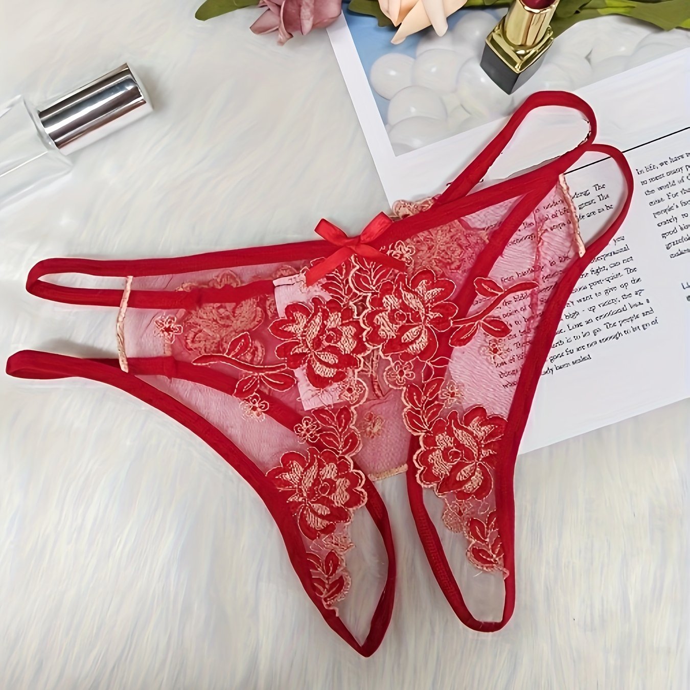 Women's Sexy Underwear, French Embroidery Design, Open Crotch, Mesh And  Hollow Out Style, Transparent T-shaped Panties Without Detaching, Low Waist