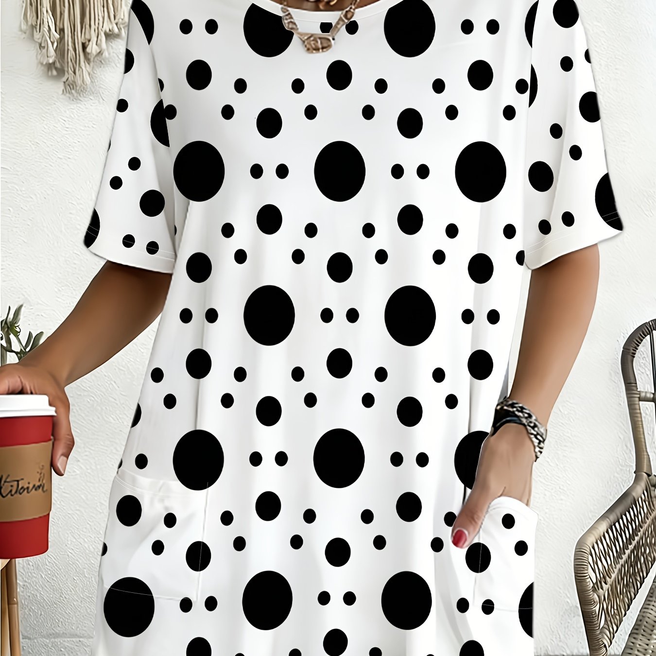 TEMU Black And White Polka Dot Short Sleeve, Women's Loose A-line Summer Casual Top