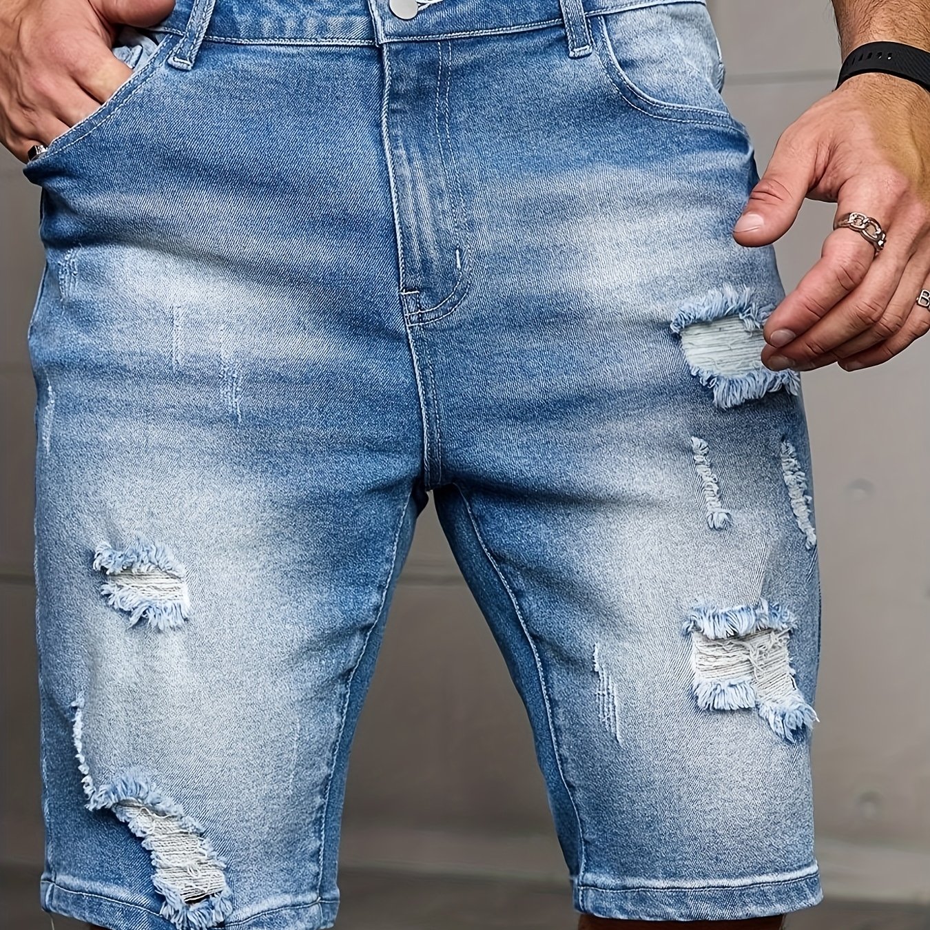 Men' Style Summer Denim Shorts (washed Light Blue Denim + Enzyme Treatment + Monkey + Distressed Hole )