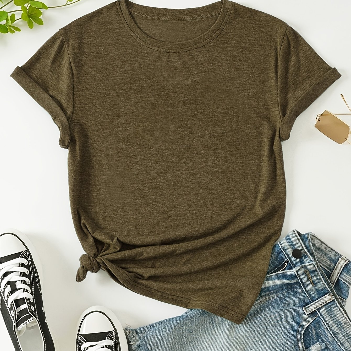 TEMU Plus Size - Women's Short Sleeve Round Neck Military Green -shirt Summer Casual Top