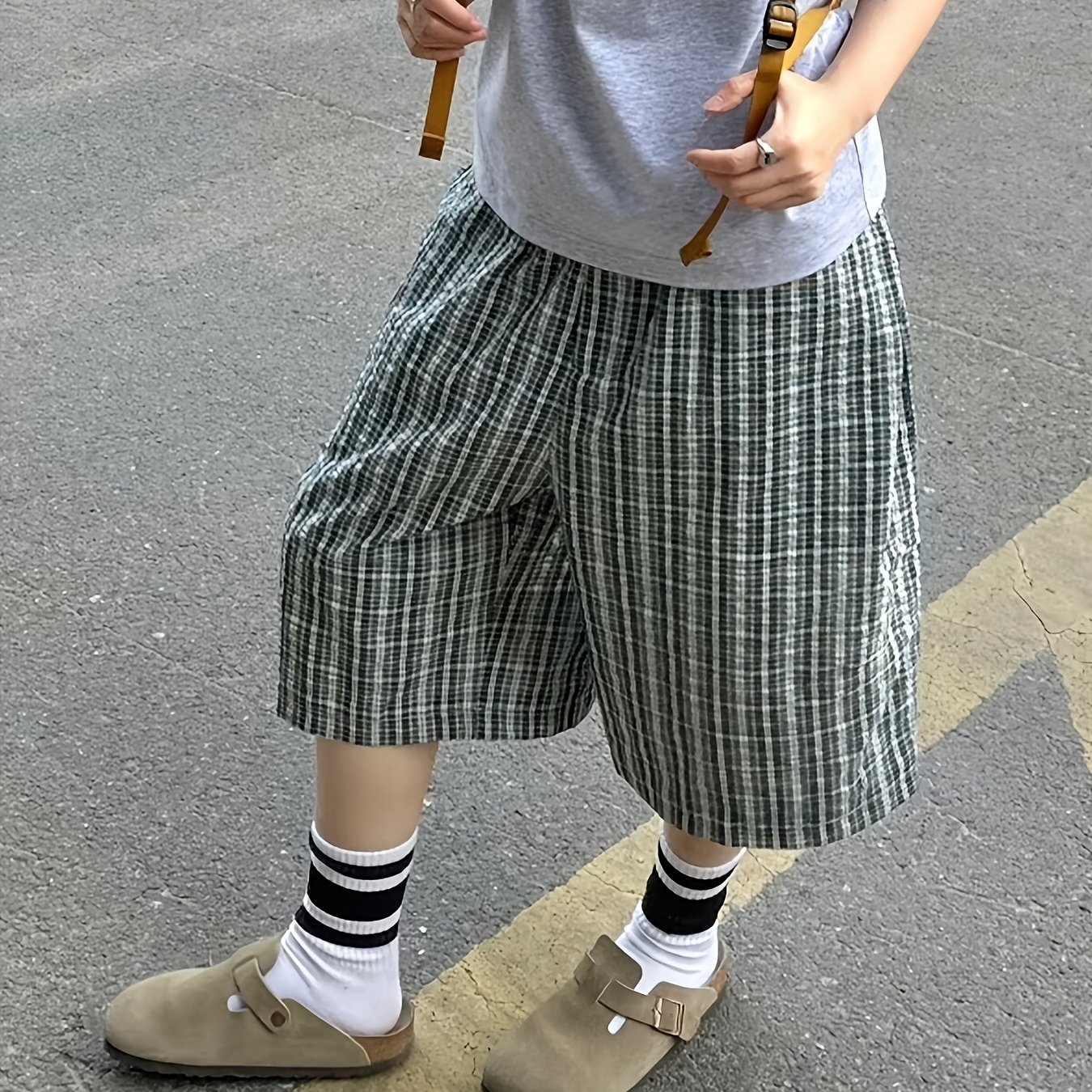 TEMU Unisex Casual Shorts, Summer Streetwear Japanese Lazy Style Loose Wide-leg Capri Pants