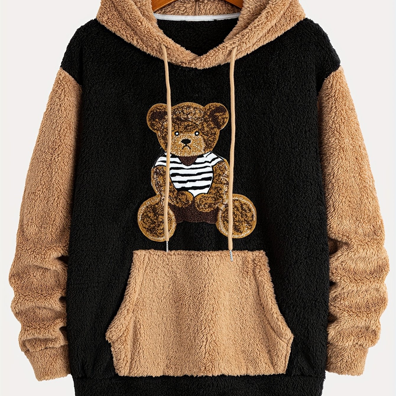 E-shop Herren Nationaler Trend Farbblock-Patchwork verdickter warmer Kapuzen-Plüsch-Sweatshirt mit besticktem kleinen Bärenmuster, dreidimensionale