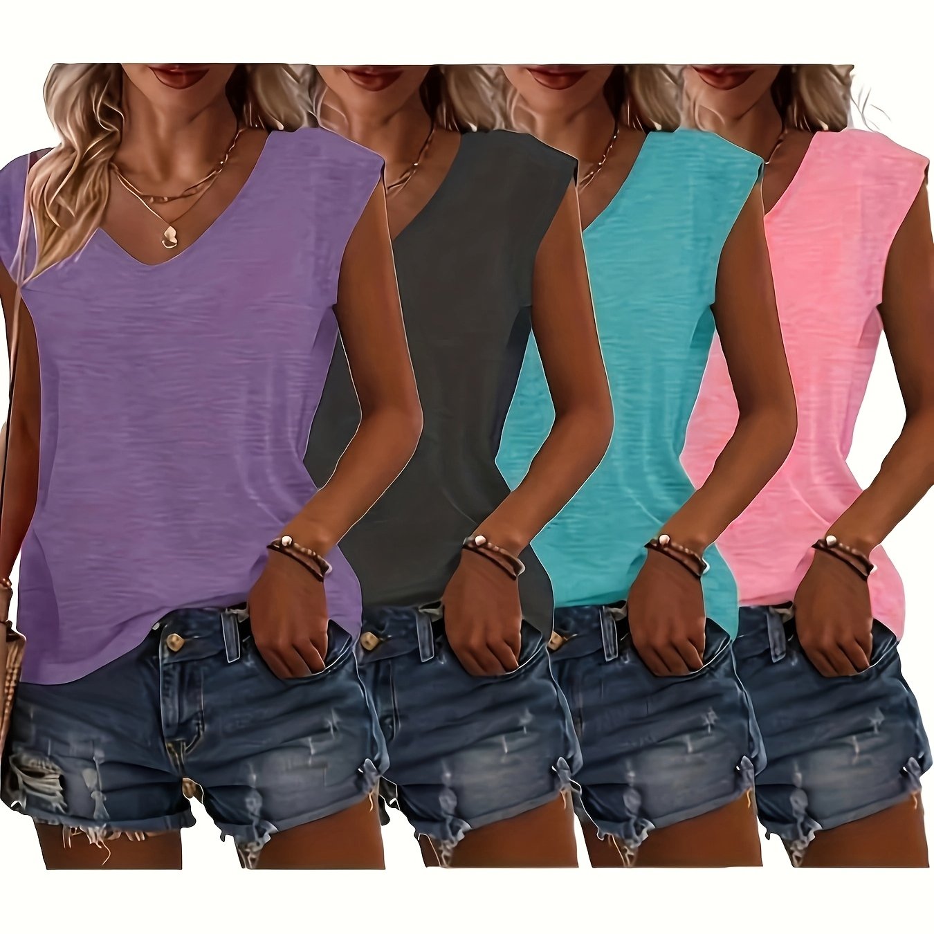 TEMU 4pcs Women's Casual V-neck Sleeveless Tank Tops - Solid Color Lightweight Breathable Summer Tops, Machine Washable, Pastel Shades For Casual