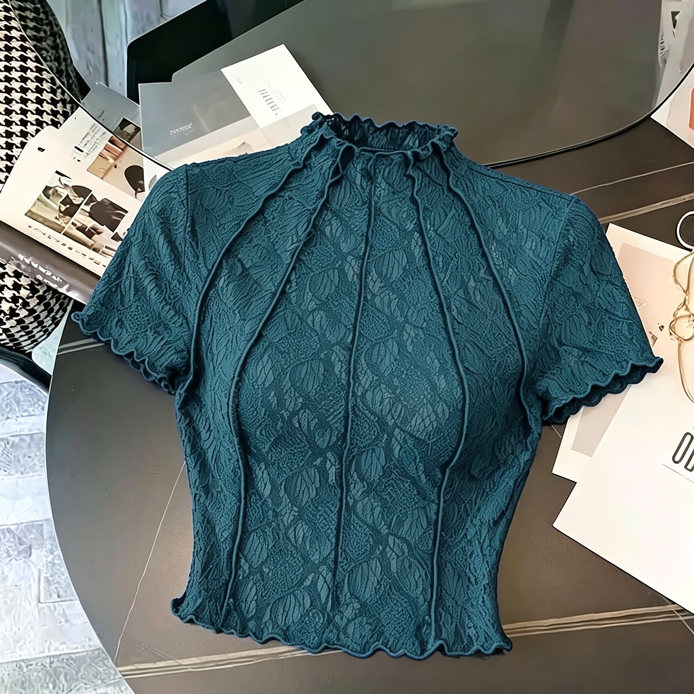 TEMU Lace Floral Jacquard Tulle Women's T-shirt, And Romantic, Suitable For Dates, Parties, Spring And Summer Wear, Spring Break, Vacation, Picnics,
