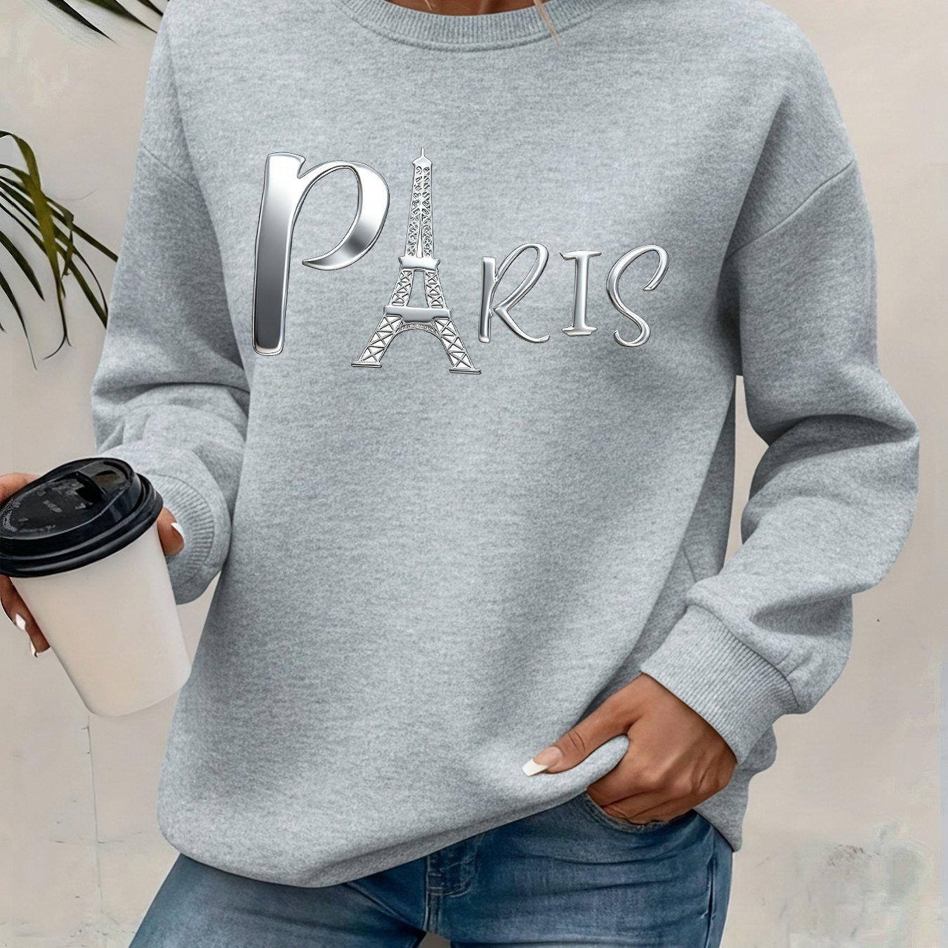 TEMU Women's Stylish Round-neck Sweatshirt, Featuring A Printed Design, Perfect For Autumn And Winter With Added Fleece