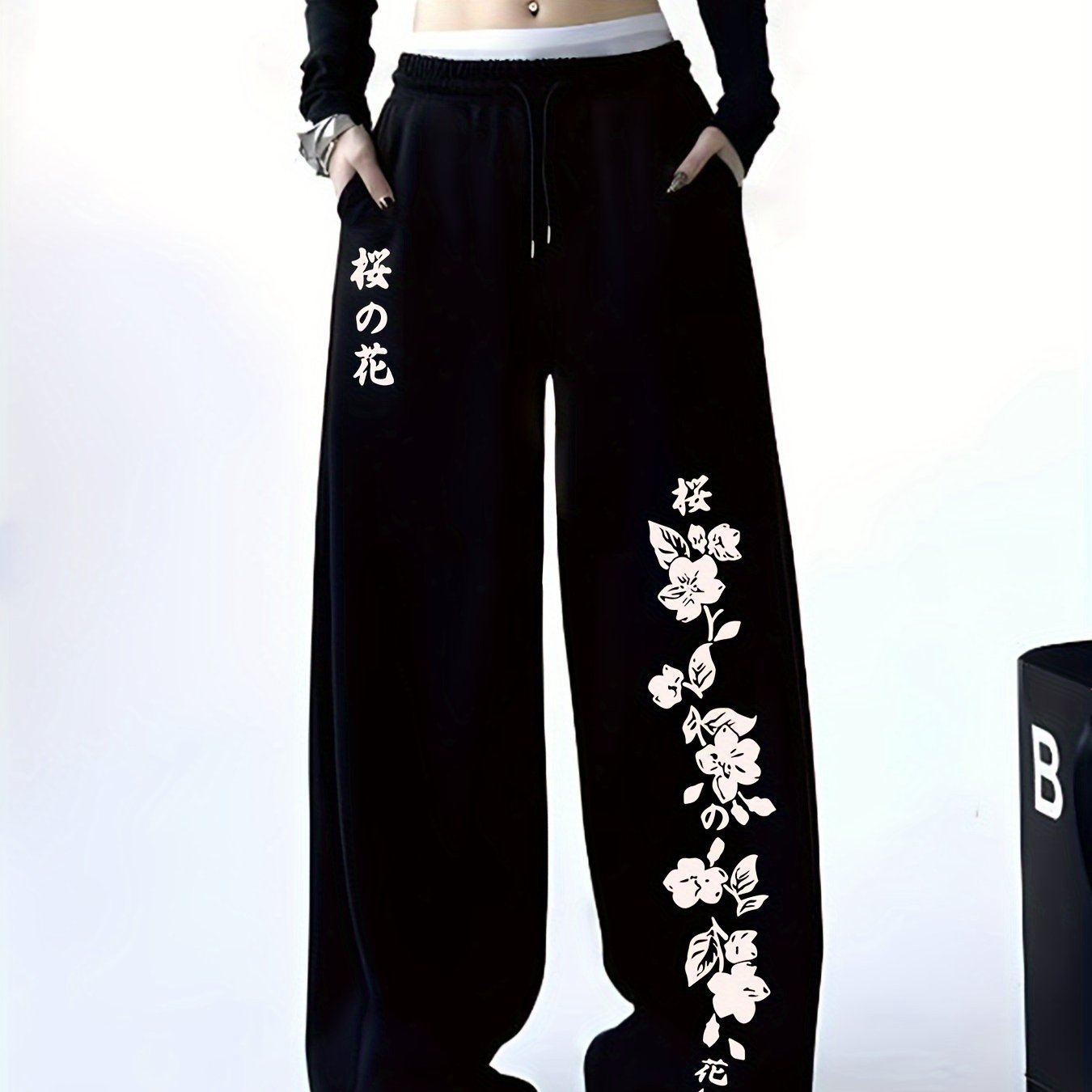TEMU Cherry Floral & Text Print Athletic Casual Joggers With Drawstring Elastic Waist, Women's Straight-leg Pants