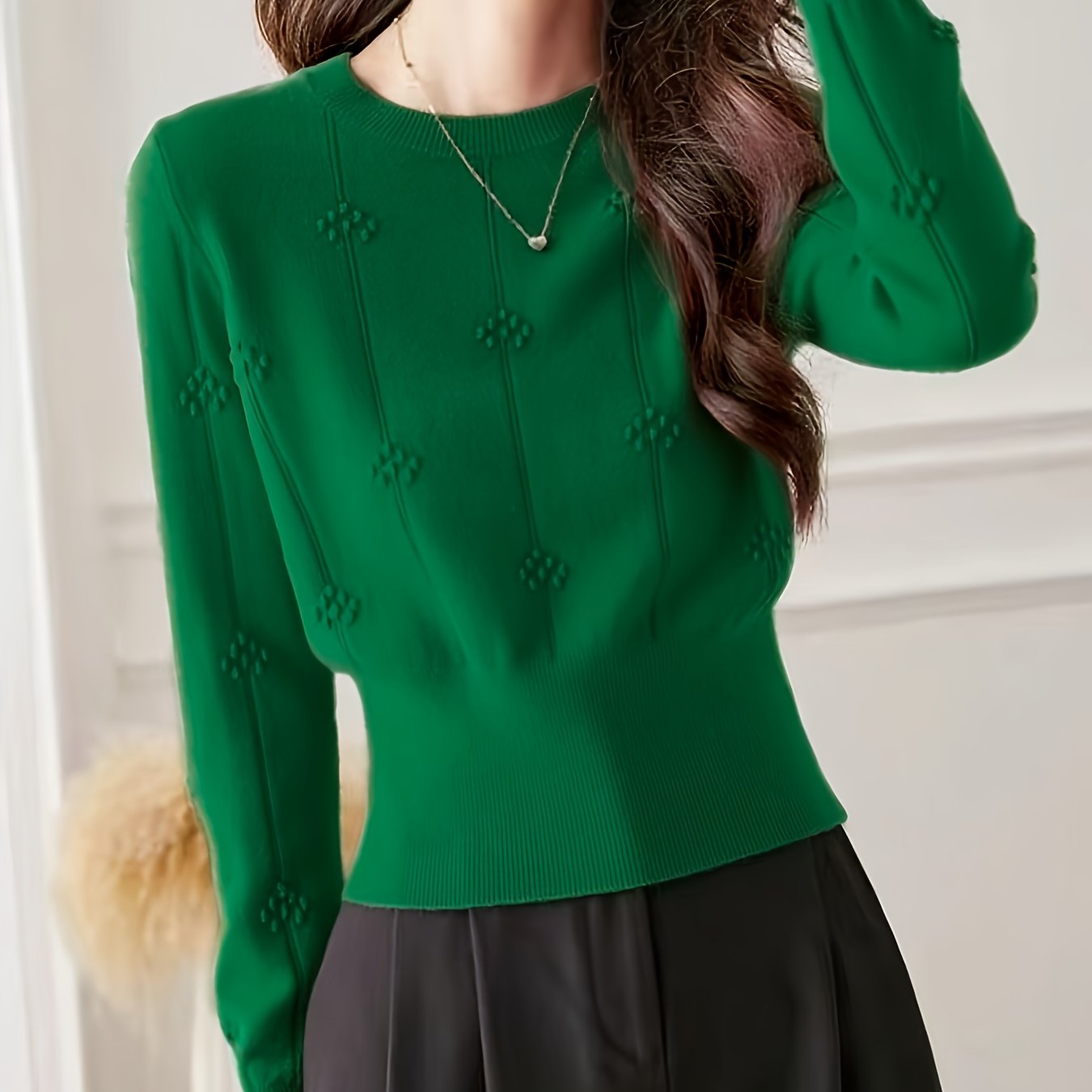TEMU Jacquard Round Neck Pullover Sweater For Women, Spring/autumn Elegant And Fashionable Slim--cinching Cropped Base Layer
