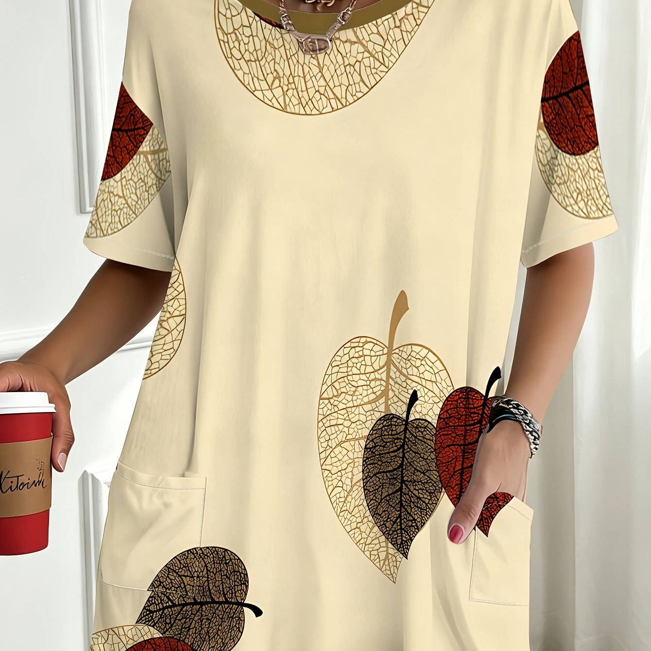 TEMU T-shirt grande taille pour femme avec poche, 1 pièce, coupe , à imprimé , avec poche, idéal pour les quotidiens, les réunions décontractées, les