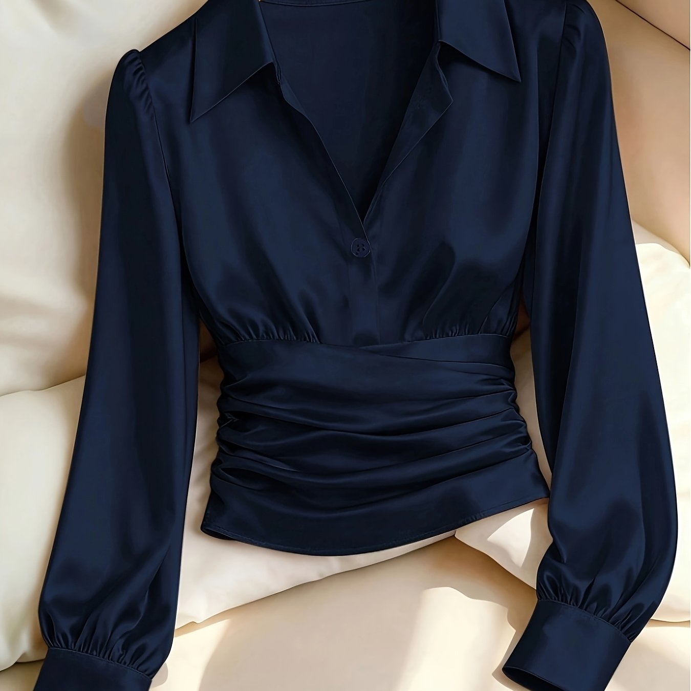 TEMU Damen-Shirt in einfarbigem, schlichtem Stil mit langen Ärmeln und eleganter, geraffter Taille - für , Arbeitsplatz und Urlaub - Satin-Top