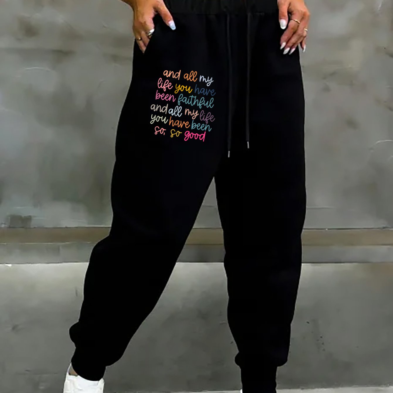 TEMU Colorful Abstract Text Printed Comfortable Drawstring Tapered Joggers For Women, Suitable For Outdoor Activities, Back-to- Season, Dates, And