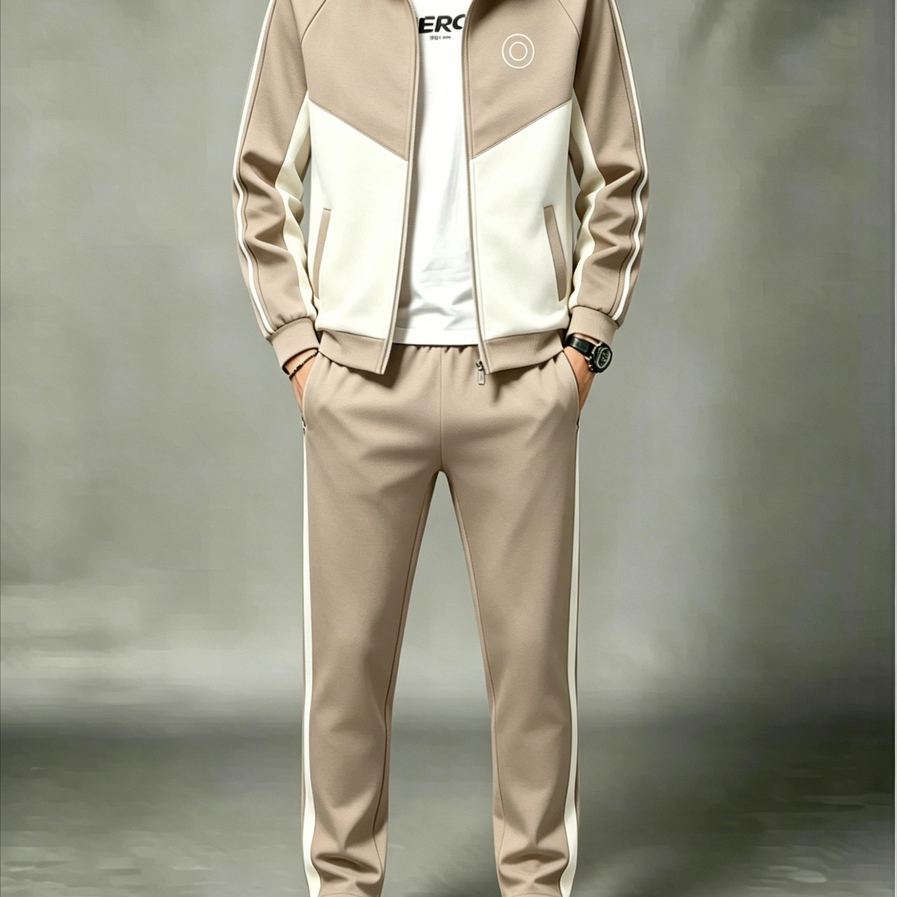 Image of Men's Stand Collar Cardigan Sports Set, Casual Two-piece Outfit With Khaki Color Block And Side Stripes, Fabric