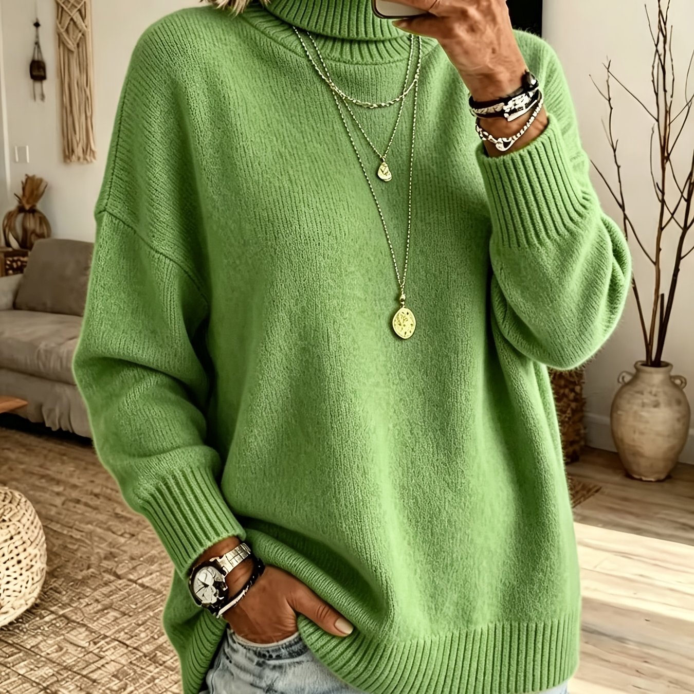 TEMU Autumn High Neck Solid Color Top For Women, Loose Fit With Shoulders, Long Sleeve, Casual And Elegant Top
