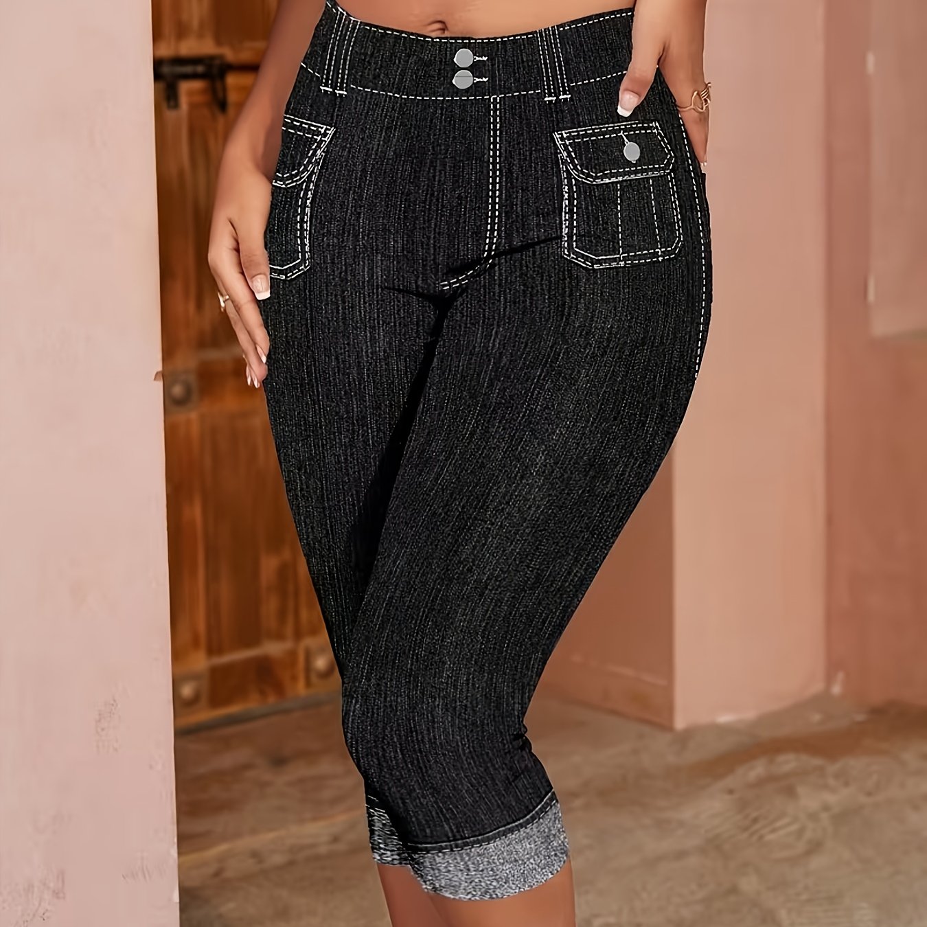 TEMU Plus Size, Plus Size High-waisted Midi-length Leggings For Women, Fashionable Casual Printed Comfortable High-waisted Legg