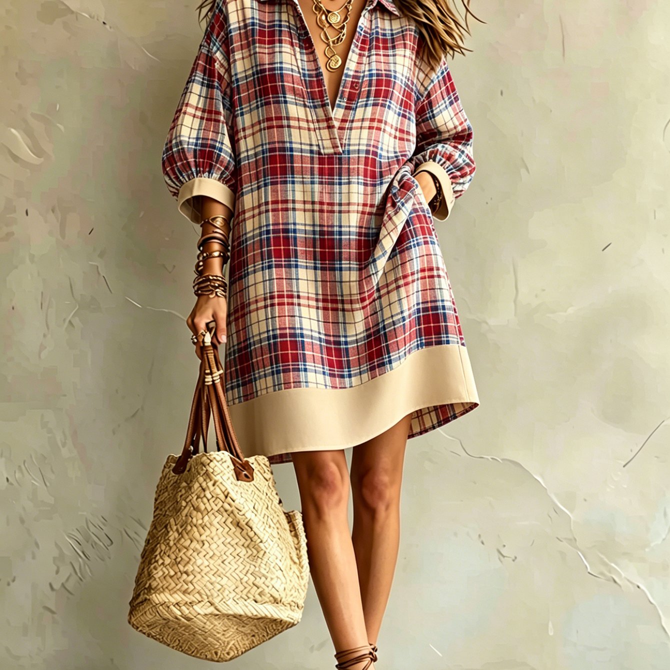 Image of Women's Summer Lapel Dress, Summer Style, Red And Blue Contrast , Loose , Retro , Breathable Skin-friendly Fabric, Drop-shoulder 3/4 Sleeves, Contrast Hem, Suitable For Daily , Beach Vacation