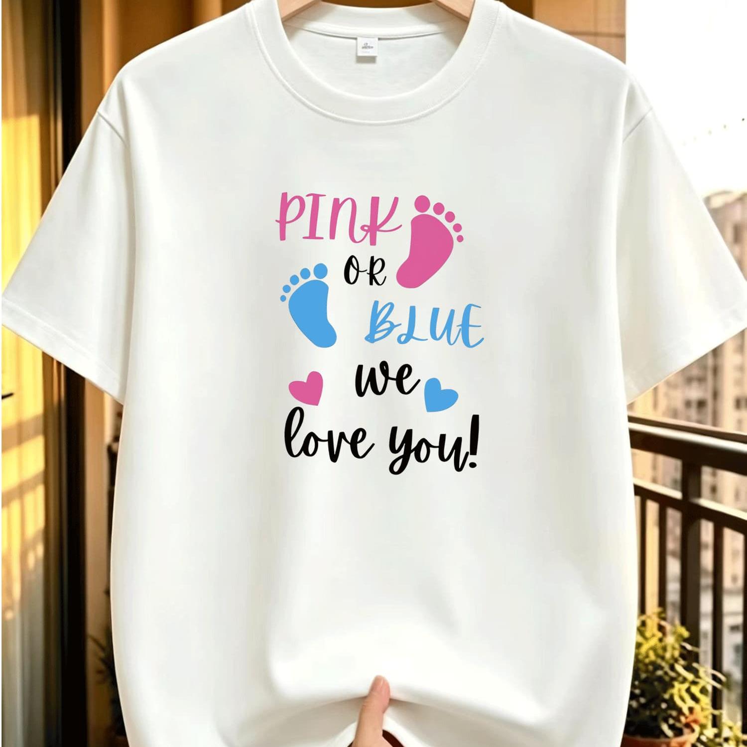 TEMU Men's T-shirt With Light Blue Footprint And Heart-shaped Text, Designed For Expectant Fathers To The Baby's Gender Reveal Party. Soft,