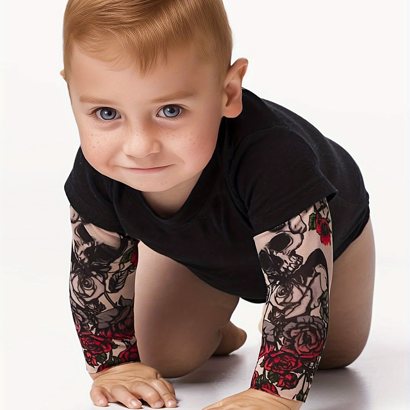 Image of Newborn Baby Bodysuit Fake Two-piece Tattoo Sleeves Cool Boy Infant Triangle Bodysuit Crawling Outfit Brother Outfit, For Outdoor