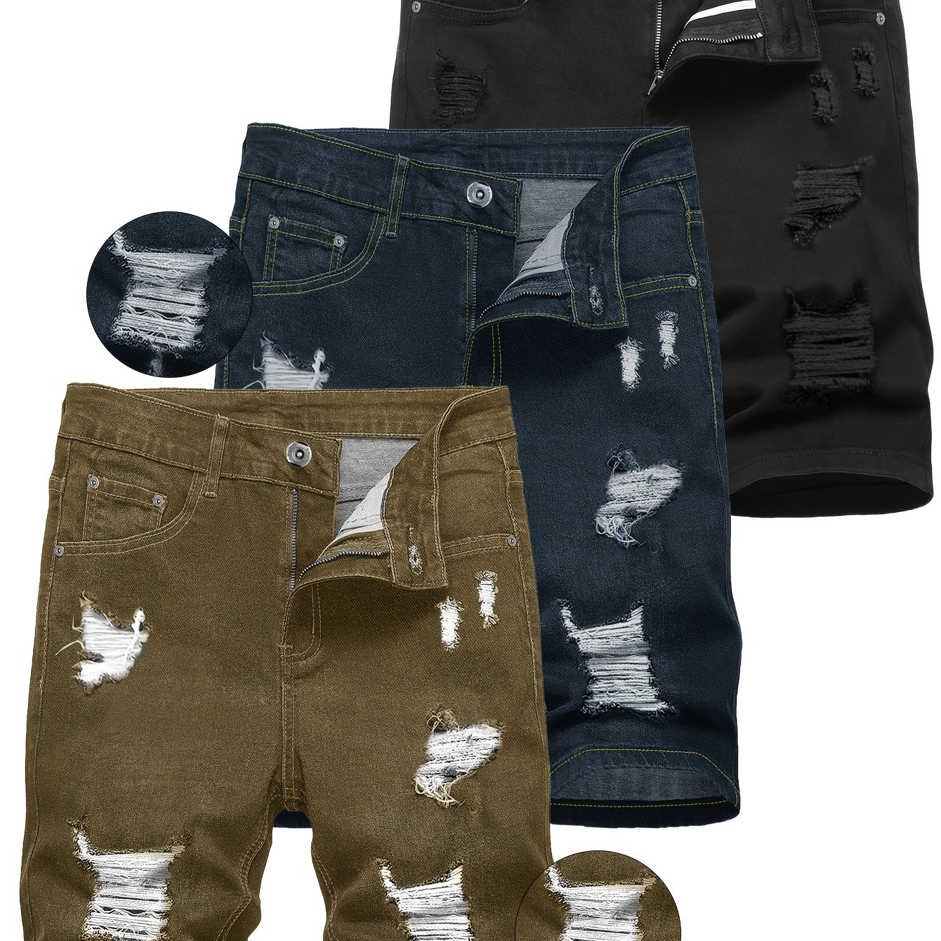 3-pack Men's Jeans - Trendy Ripped Denim Shorts, Vintage Washed Slim Fit Casual Pants, Comfortable And Stretchy, New, Perfect For Dates, Shopping, Outdoor, Sports