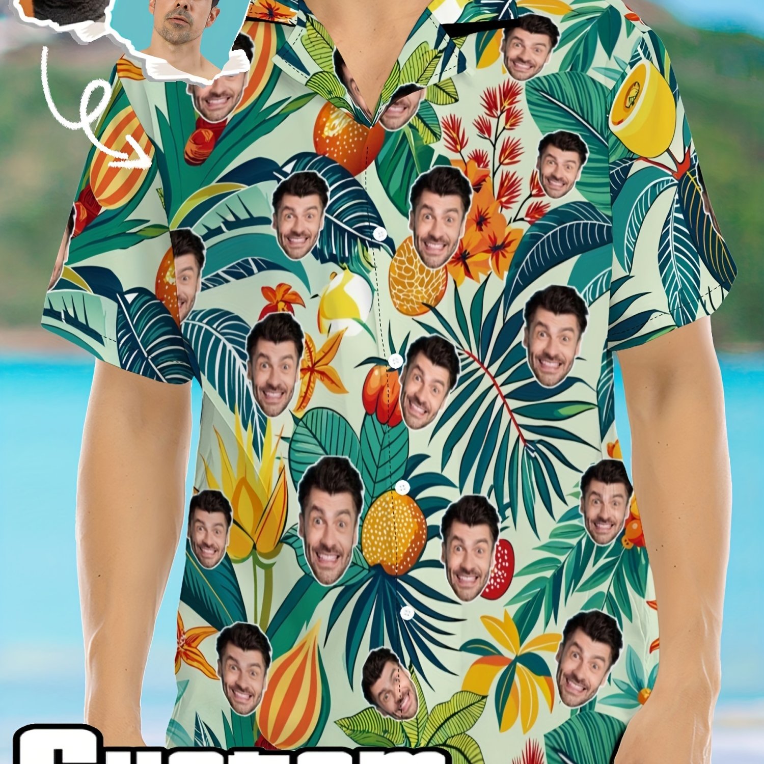 TEMU Jia+ Product : Custom Men's Hawaiian Shirt With Custom Face Print. Add Your Full-face Image For Digital Printing On The Shirt's Pattern In Any