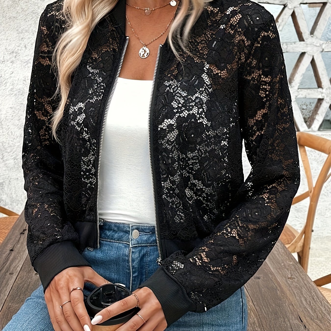 Image of Fashionable Women's Jacquard Lace Transparent Zip-up Short Jacket For Autumn And Winter