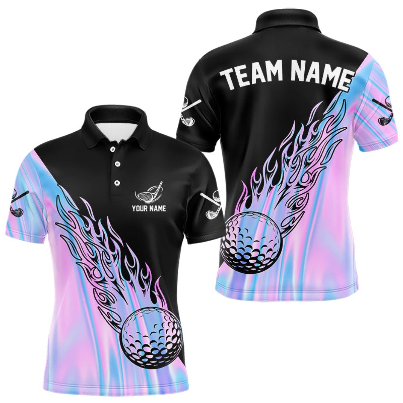 TEMU Custom Holographic Flame Golf Ball Shirt For Men - Personalized Name, Team Name, Or Golf Club Logo - Vibrant Flame Design, Short Sleeve,