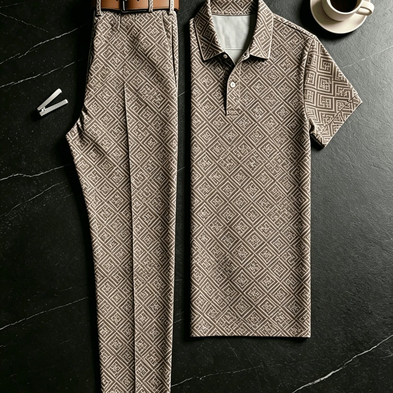 TEMU Men's 2pcs Matching Outfit Set, Allover Diamond Geometric Monogram Print Short Sleeve   Matching Printed Straight Leg Chino Pants, Summer