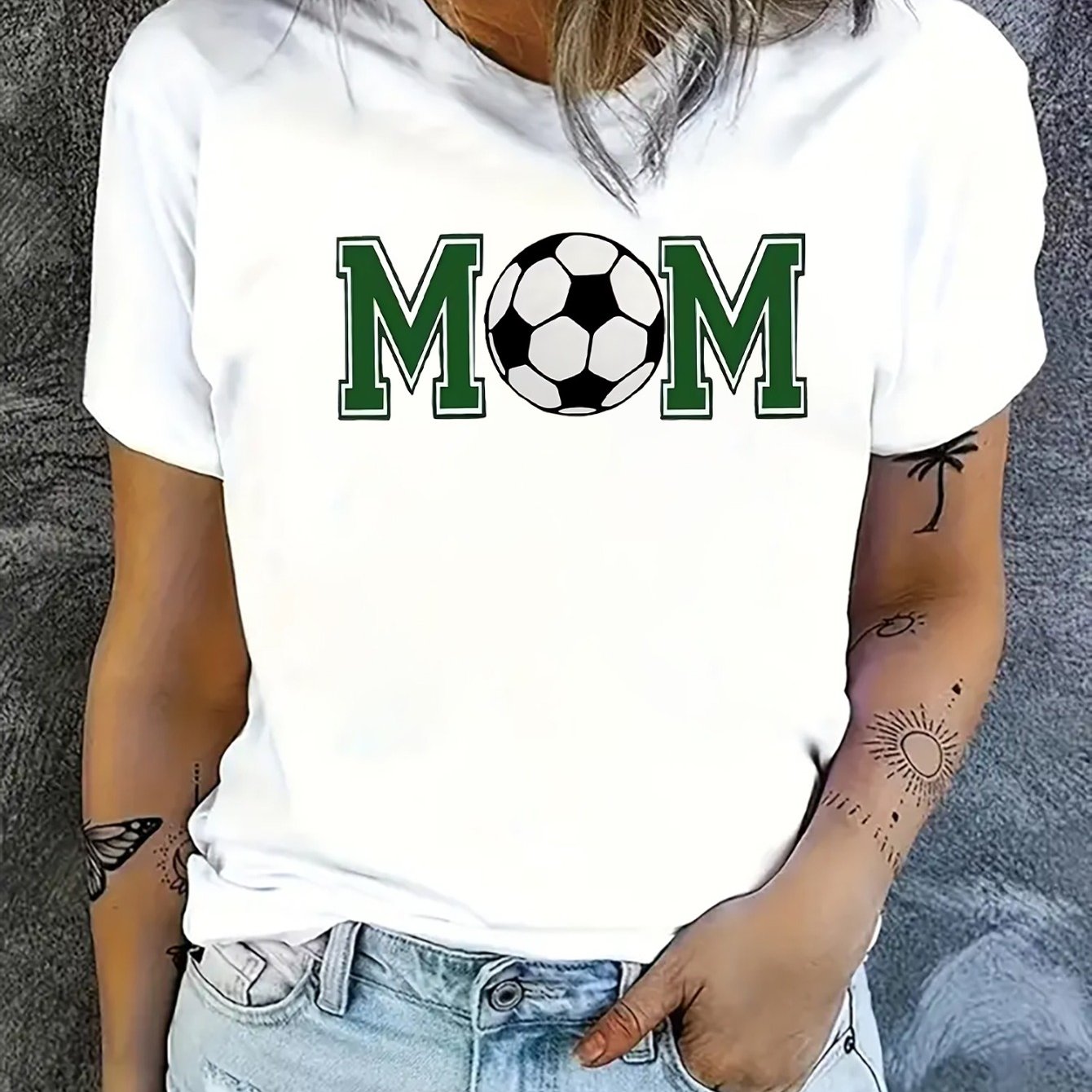 TEMU Womens Casual Sports Short Sleeve T-shirt, Polyester Only, Base And Soccer Ball Graphic, For Daily Wear