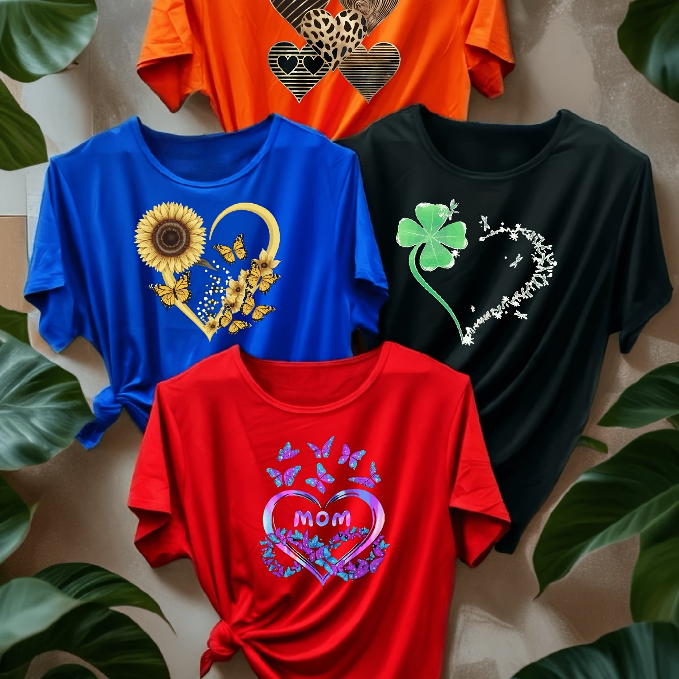 TEMU 4pcs Women's Short Sleeve Round Neck T-shirts - Heart Tops Suitable For Spring Summer Wear, Blouse For Casual Outfits, Machine Washable