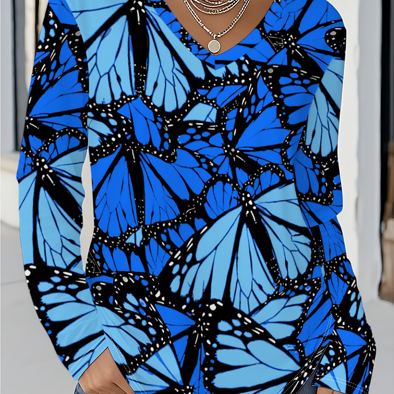 TEMU Plus Size, Plus Size Women's V-neck Long Sleeve T-shirt, Print Top, American Tropical , For Daily Shopping, , Vacations, Commuting, Home, And