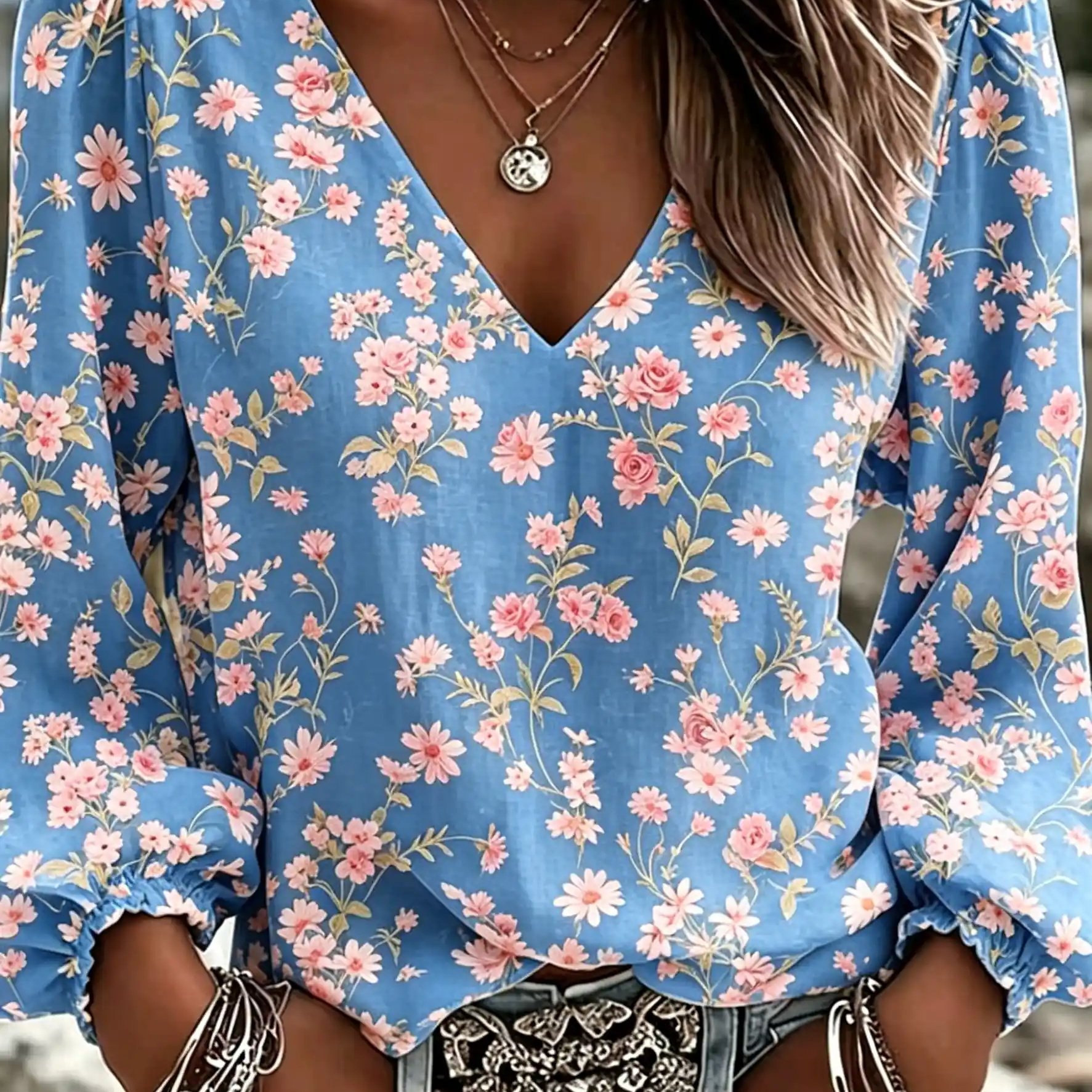 Women' Boho Blouse Top - Full- Pink Floral Print Bohemian Shirt, Long Sleeve Beach Vacation Blouse Suitable For Spring/summer Outfits, Machine Washable Casual Blouse For Outing & Casual Attire