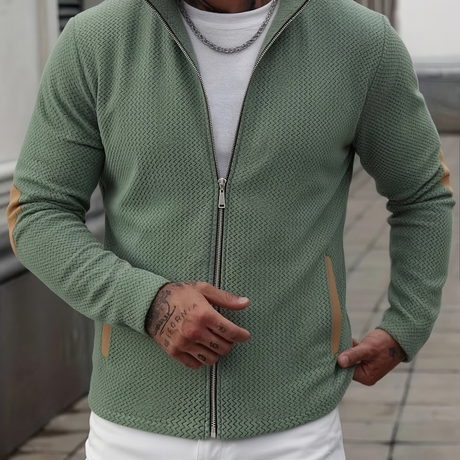 TEMU ': Men's Fashion Top, Fabric Herringbone Texture Full-zip Stand Collar Jacket, Decorative Style Casual Long-sleeve Outerwear