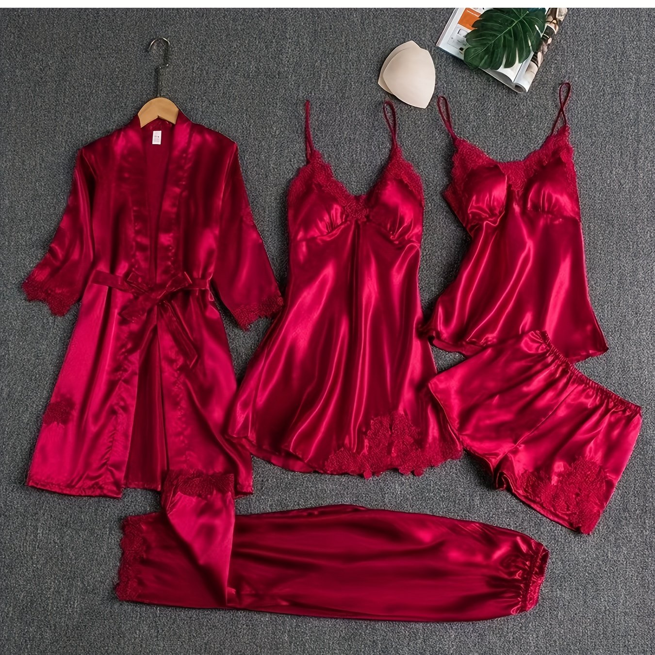 5pcs womens satin sleepwear set with appliques long pants and shorts sexy mature elegant lingerie lace camisole plus size nightgown jumpsuit loungewear