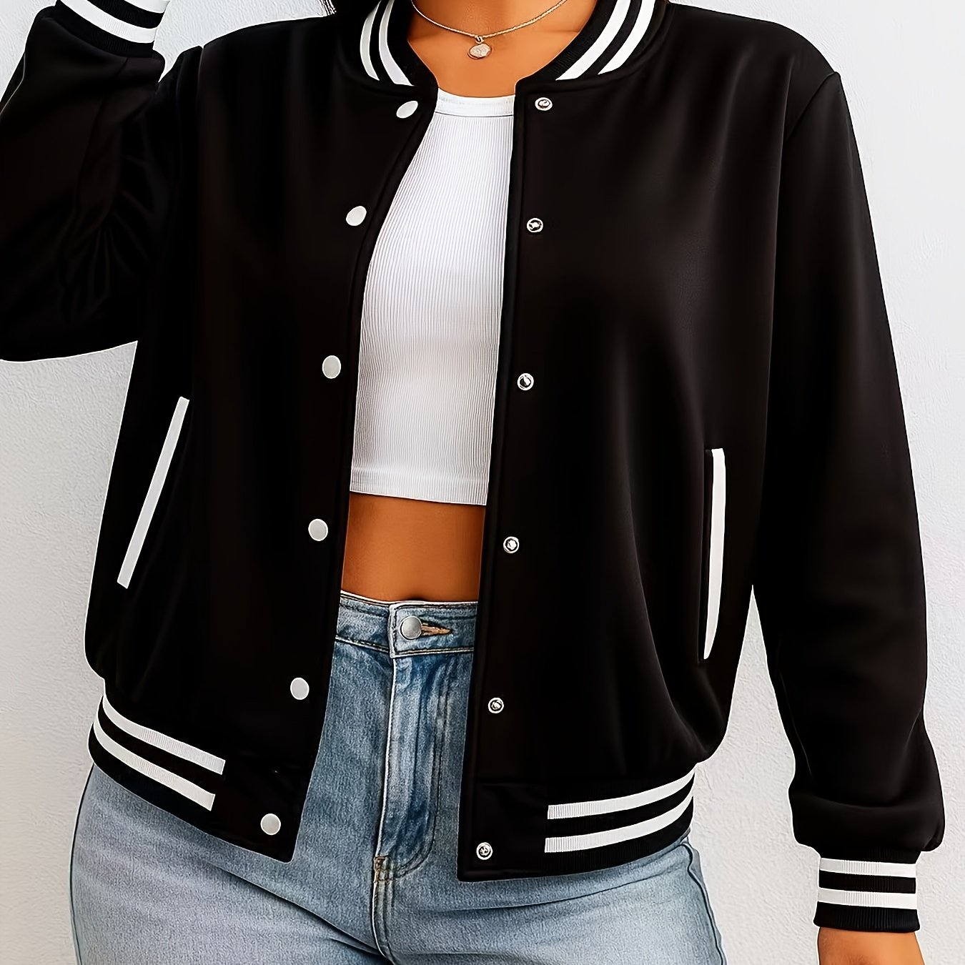 TEMU Giacca da baseball vintage da donna, cappotto casual con bordo a righe bianche e nere, design con spalle scese, giacca a a inverno, regalo di