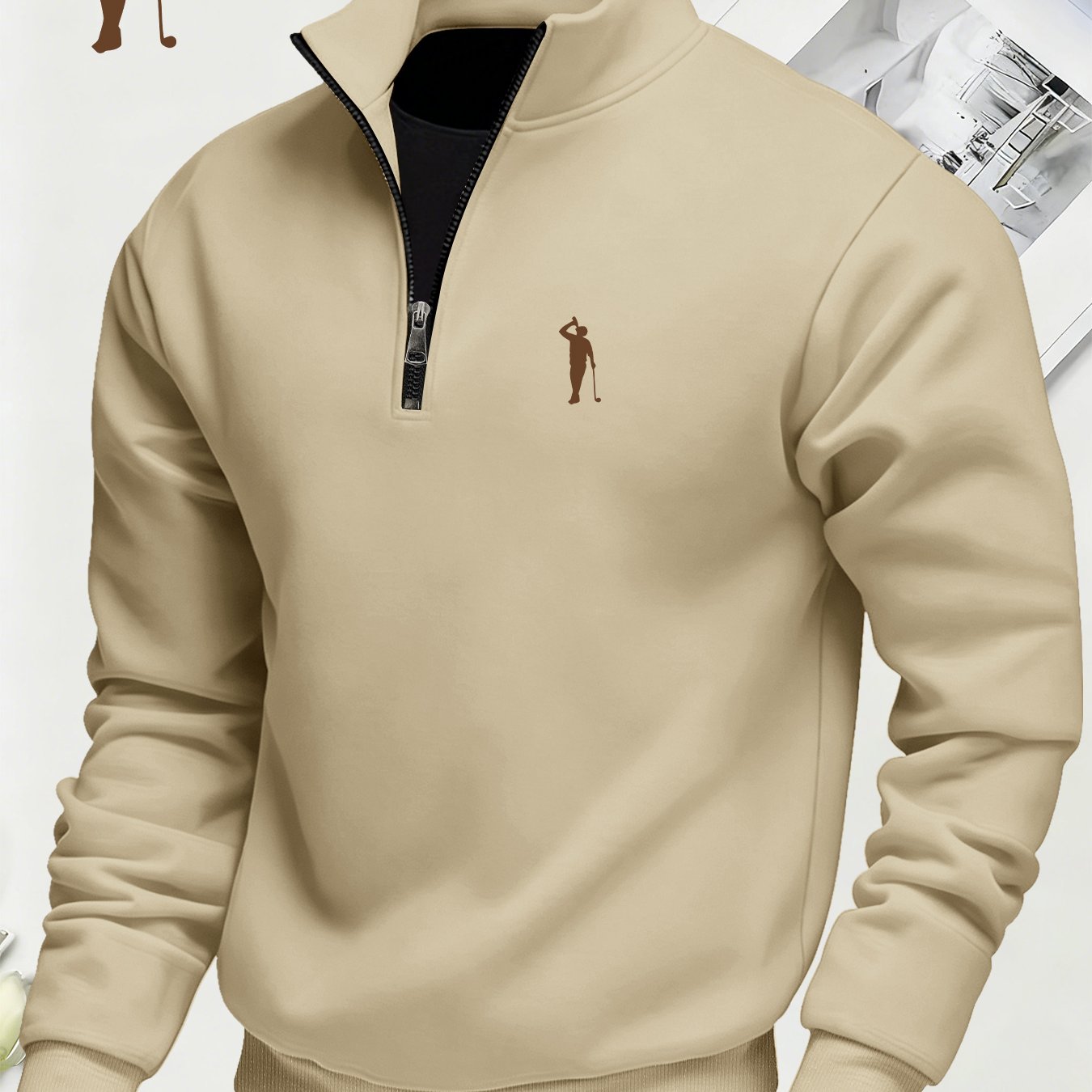 TEMU Men's Casual Long Sleeve Knit Zip-up Cardigan, Golf Swing Print, 1/4 Zip, Medium Stretch Fabric For Autumn/winter, Comfortable Warm Outerwear,