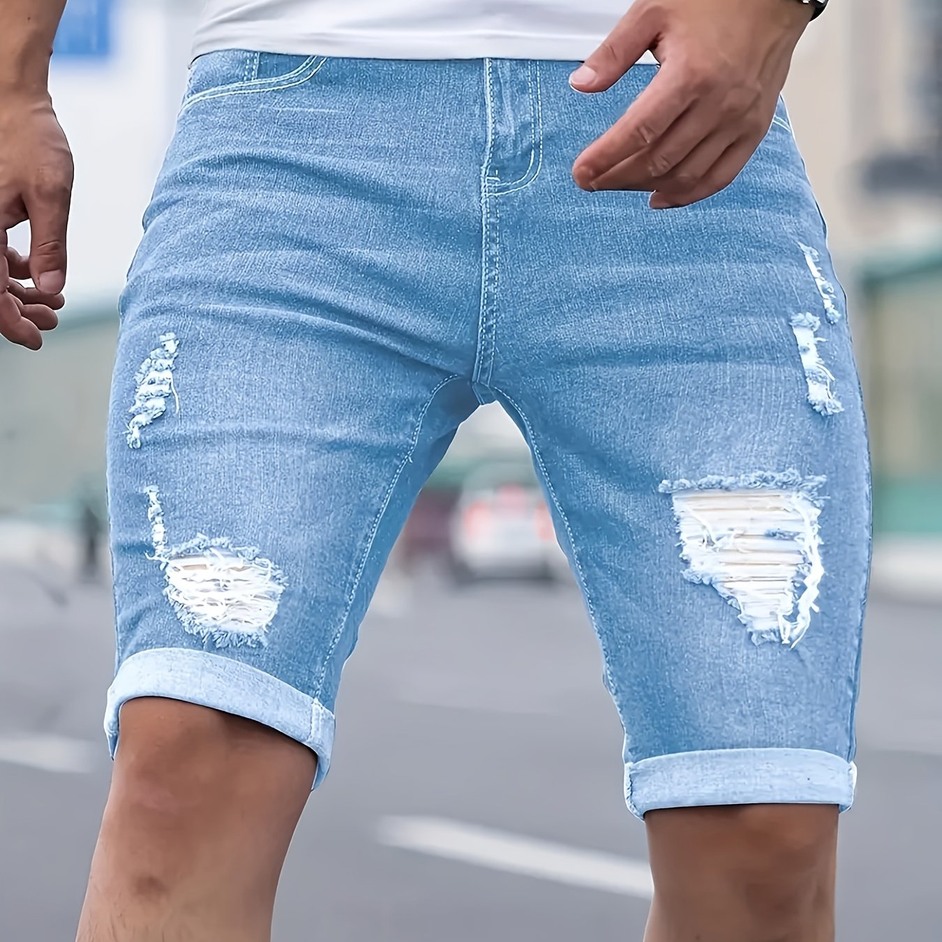 Image of Men' Blue Distressed Frayed Denim Shorts, Stretch Knee-length Ripped Casual Bermuda Shorts, Casual Streetwear