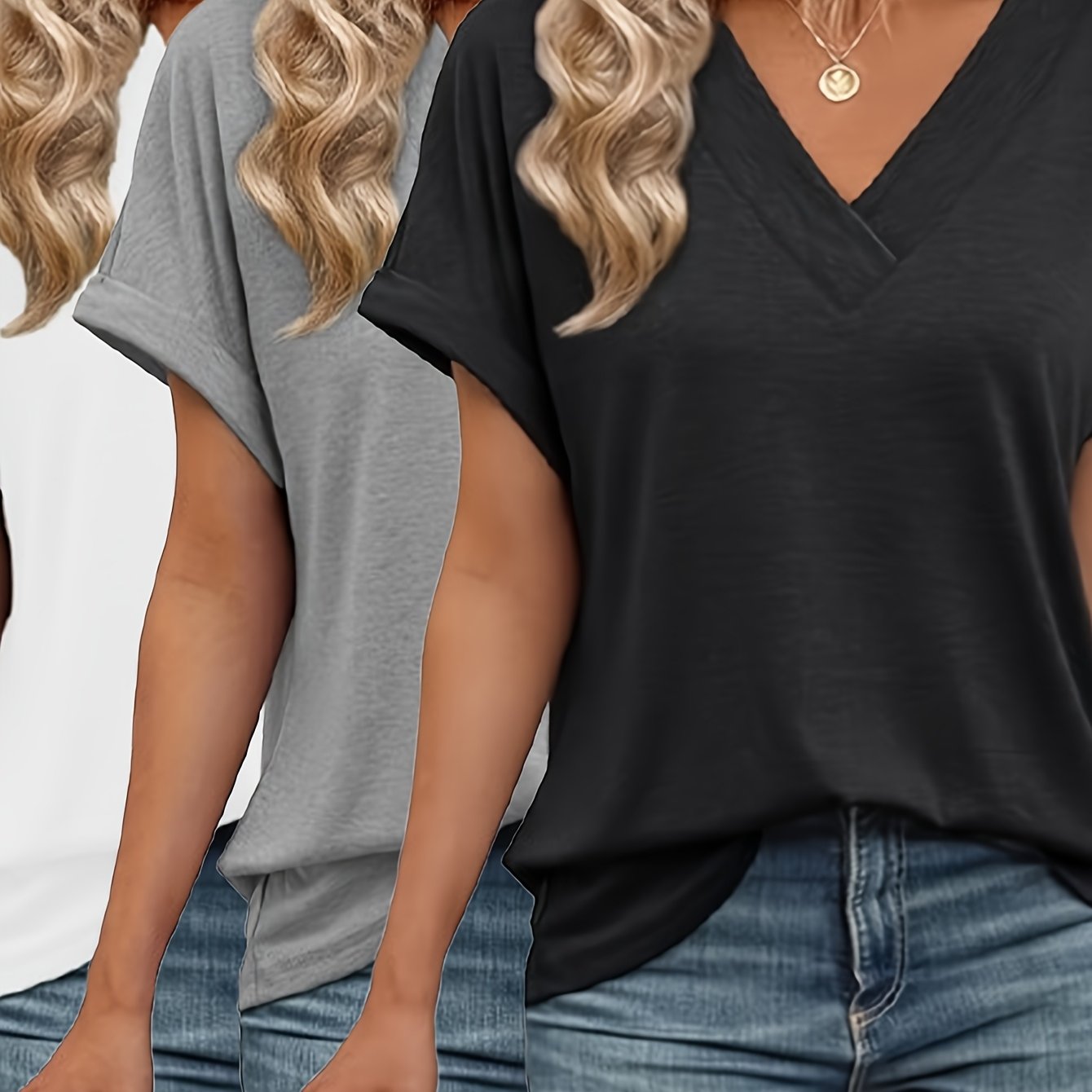 TEMU 2025 European And Printed Women's V-neck T-shirt Three-piece Set