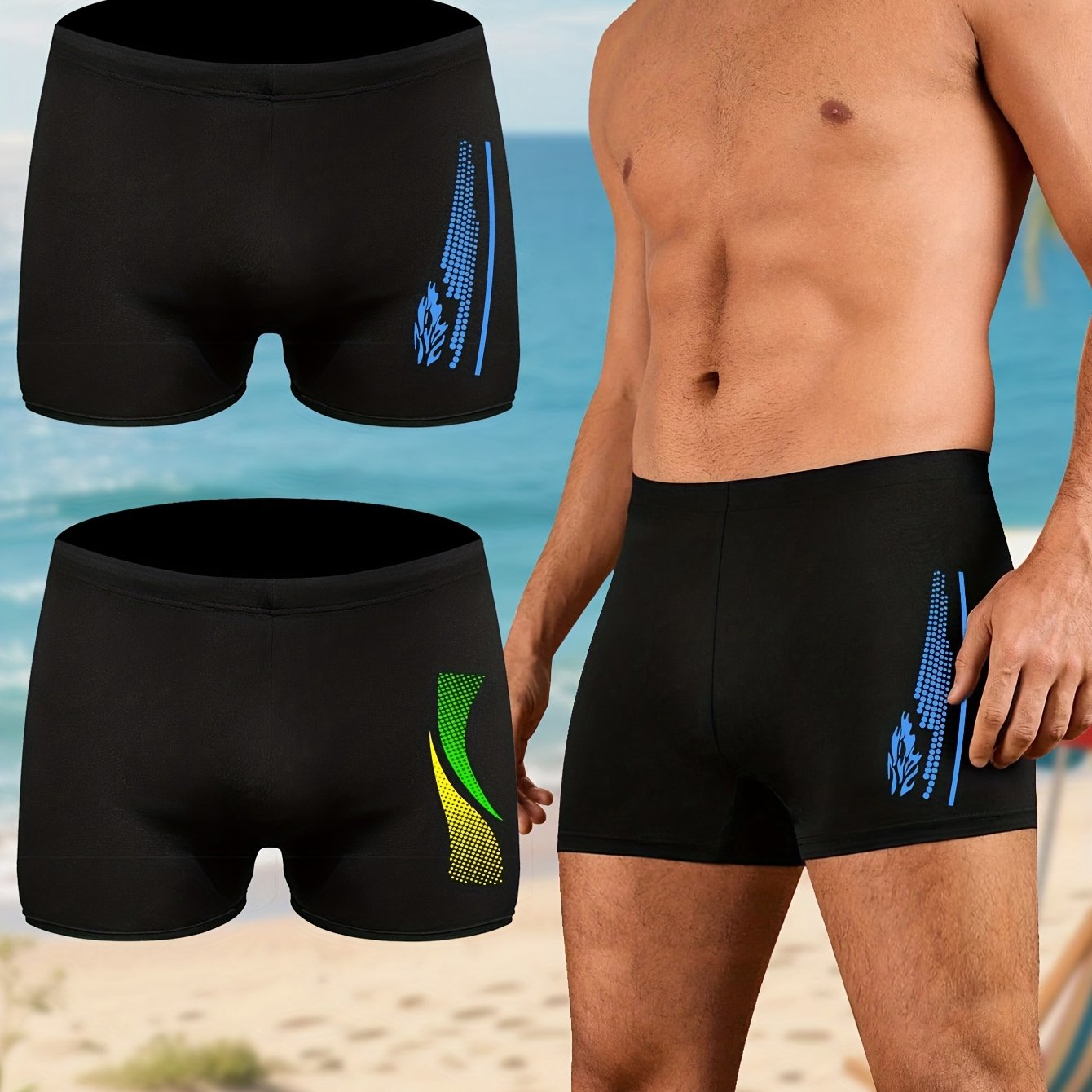 Men's Printed Swim Trunks 2pcs Set | Quick Dry Stretch Beach Shorts With Funky & Trendy Patterns For Pool & Gym