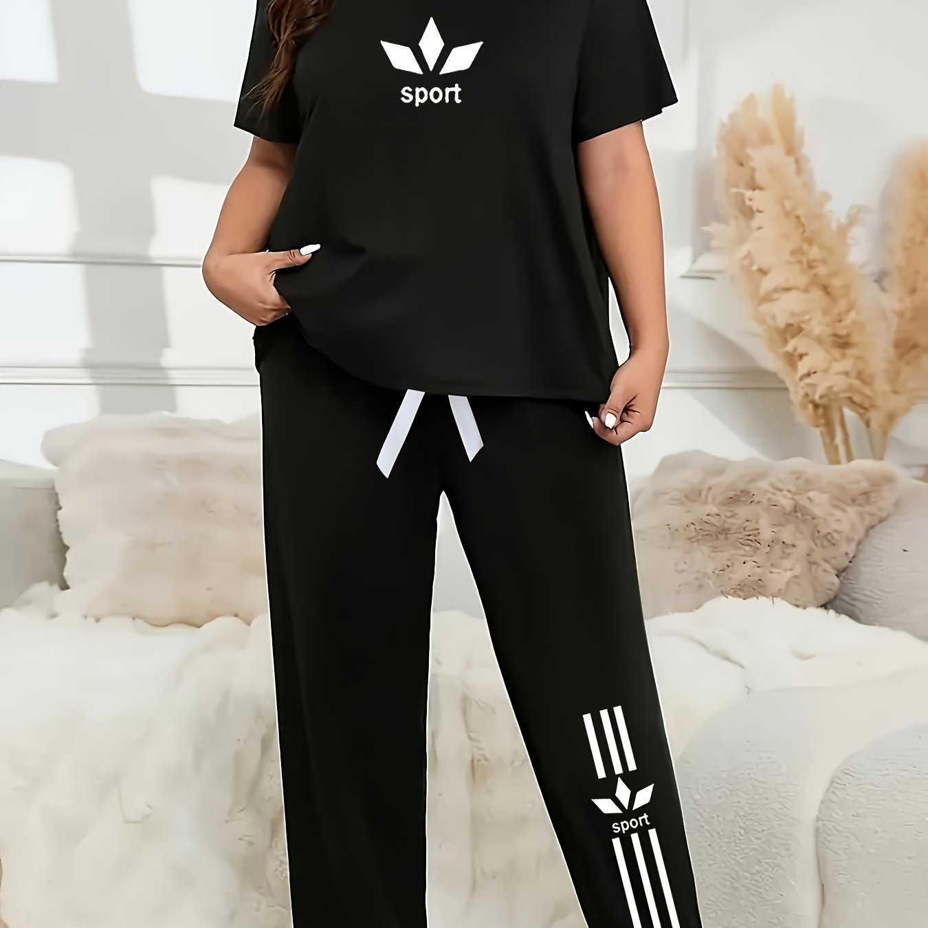 Image of Plus-size Fashionable, Elegant, Trendy, Gentle, And Versatile Women'-piece Set (short Sleeves And Bow Trousers)