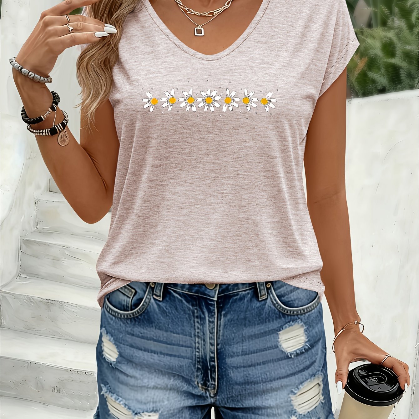 TEMU One-piece Printed Pattern Women's Colorful V-neck Cardigan T-shirt - Comfortable Spring And Summer Top, Machine Washable Regular Fit Shirt,