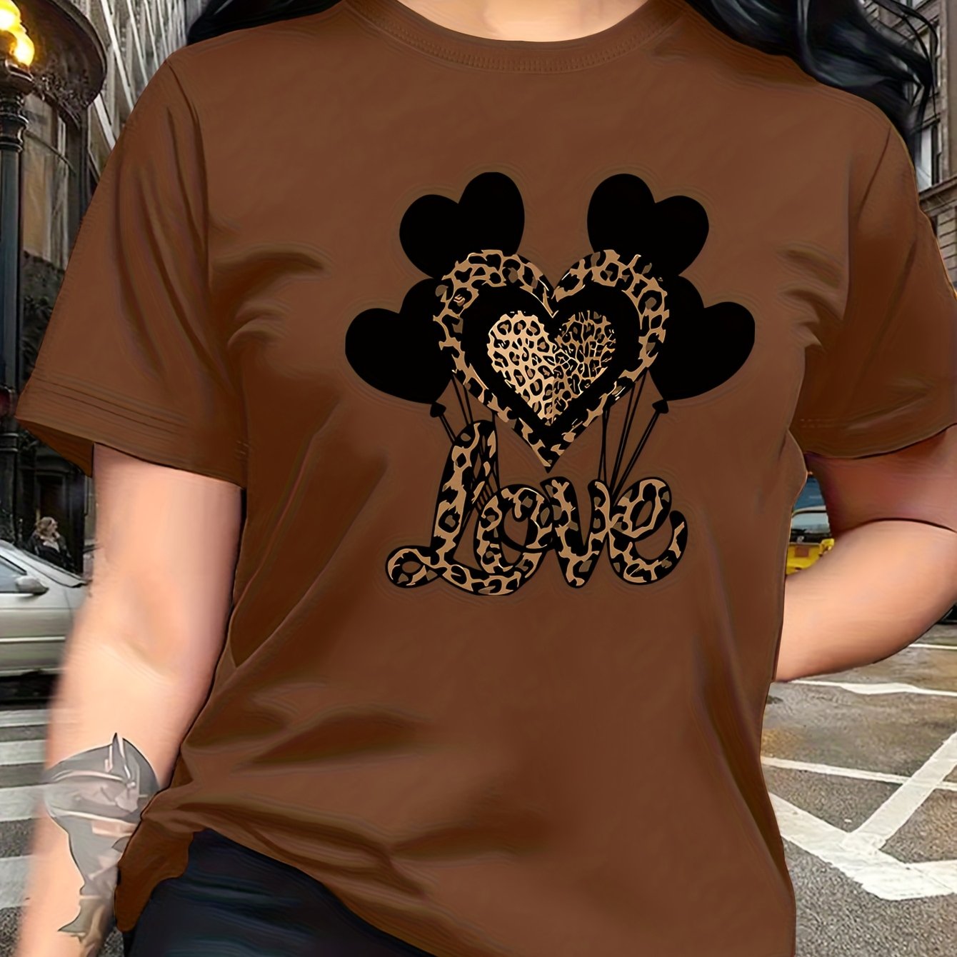 TEMU Wild And Gentle , Black And Leopard Print Heart-shaped Balloon Pattern Fashionable Casual Short-sleeved Round-neck Women's T-shirt, Easy And